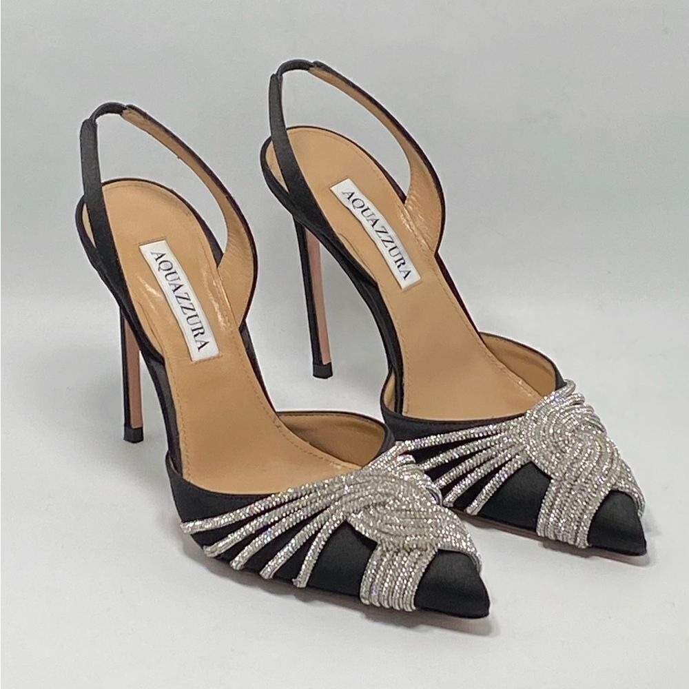 Aquazzura Gatsby Crystal-Embellished Satin Pumps size 37 - Picture 7 of 14